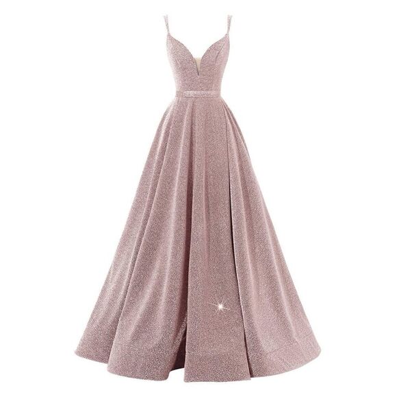 Glittery Spaghetti V-Neck Prom Long Side Split Formal Evening Gowns Sparkle - Picture 1 of 7